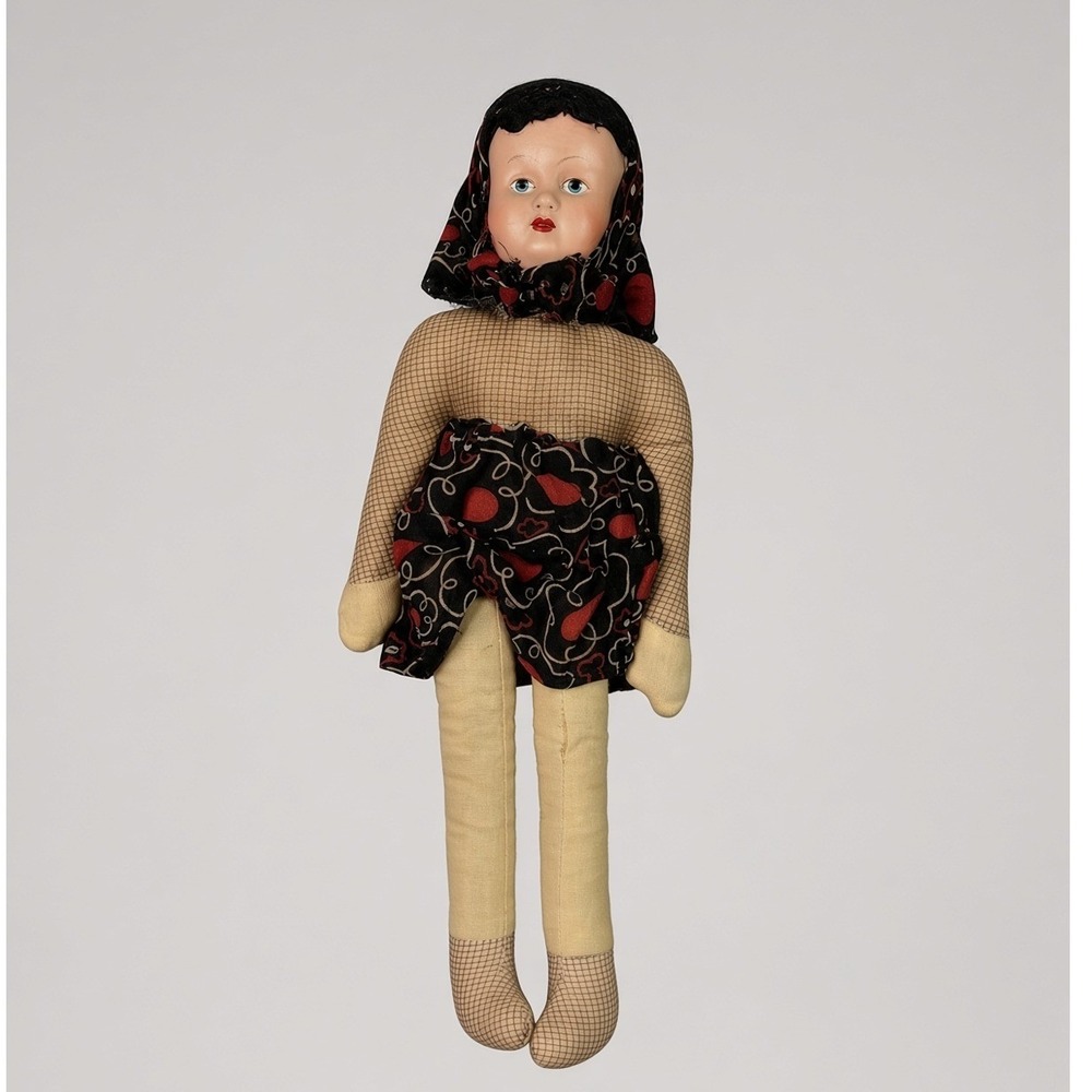 Vintage Poland Cloth Doll Painted Face Folk Art Red Black Floral Outfit 11 Inch